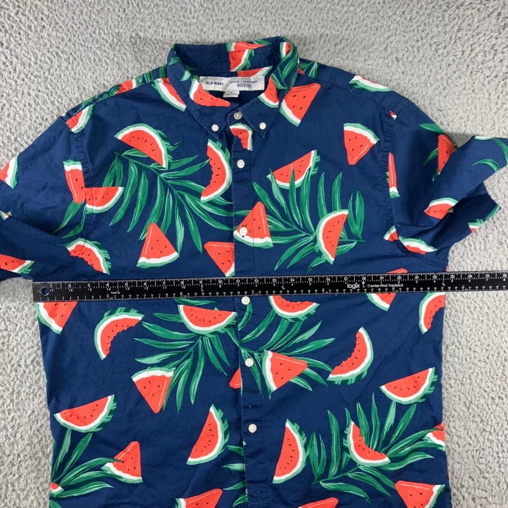 Old Navy Button Graphic Button Up Shirt Men M Watermelon Palm Leaf‎ Vaca Beach